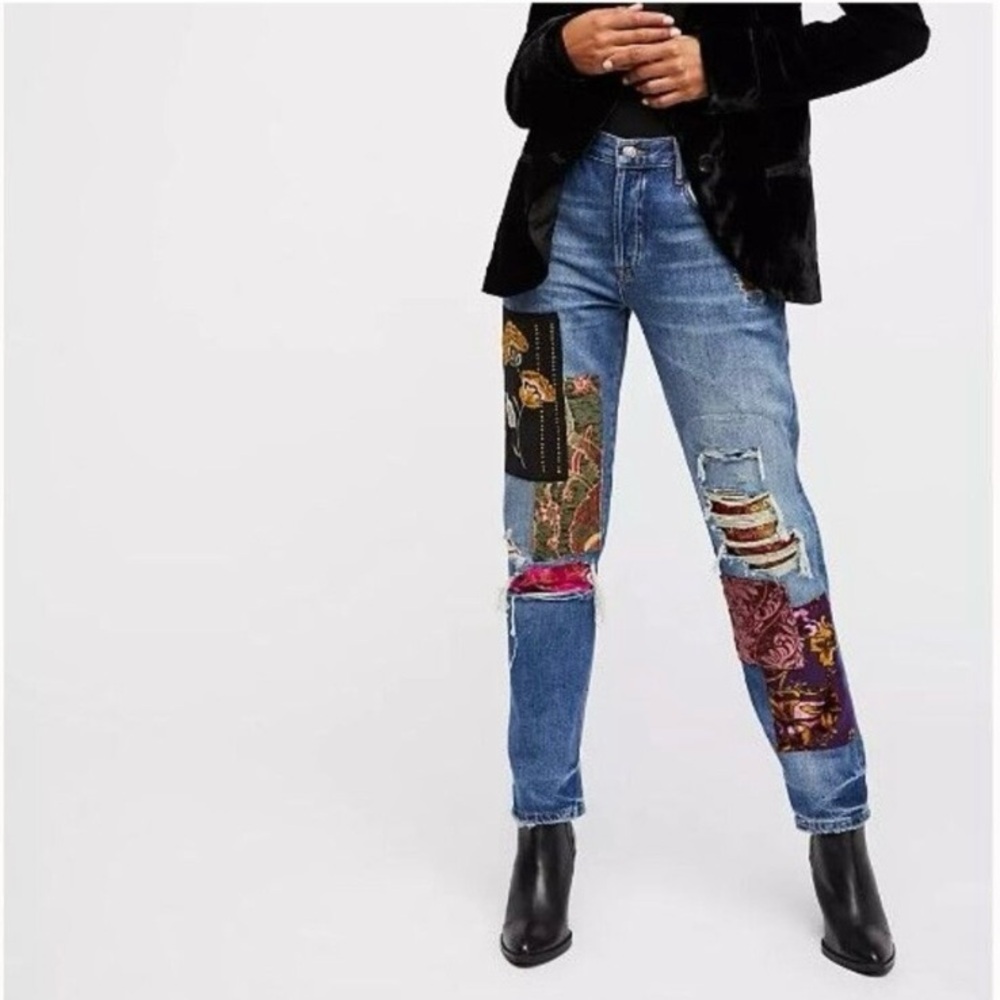 Free People Luxe Embellished Patchwork Jeans